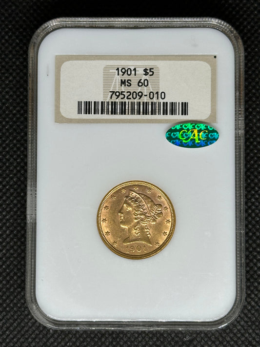 1901 $5.00 Gold Liberty Half Eagle NGC MS60 CAC (Green)