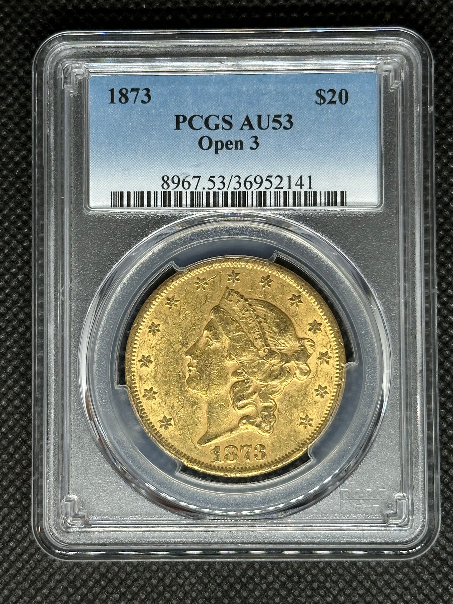 1873 $20 Gold Liberty Double Eagle PCGS AU53 (Open 3 Variety)